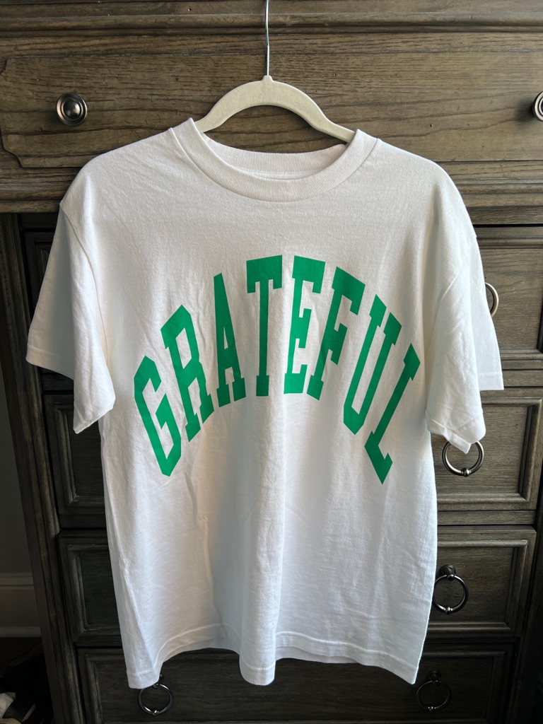 White Graphic Tee With Green "Grateful" Arch